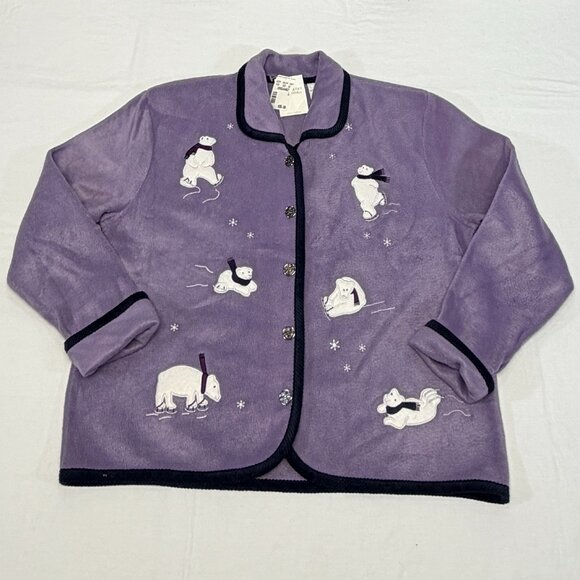 Christopher & Banks Purple Polar Bear Embroidered Button Up L Fleece Jacket NWT - Picture 5 of 11